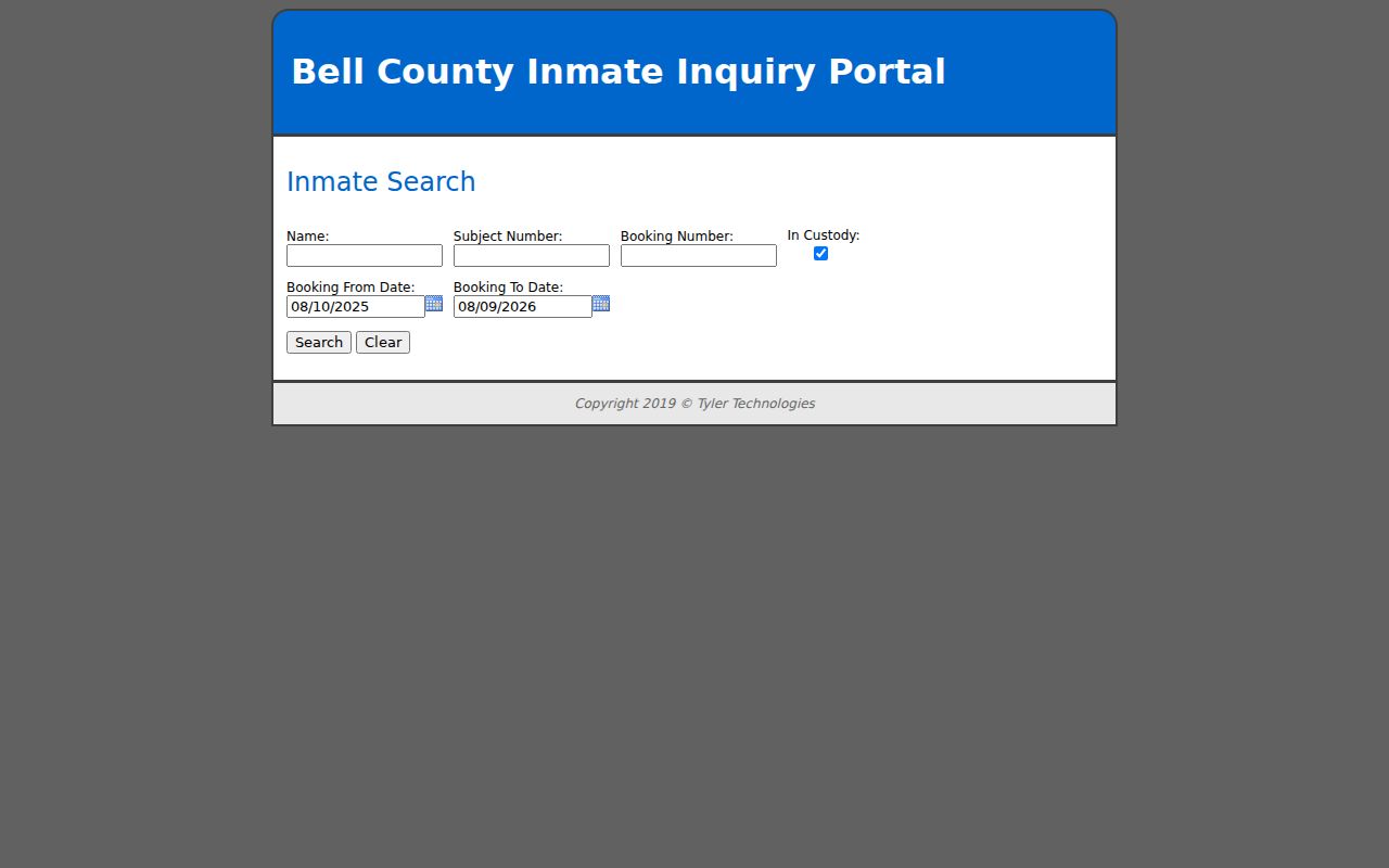 Bell County New World inmate inquiry booking search fields