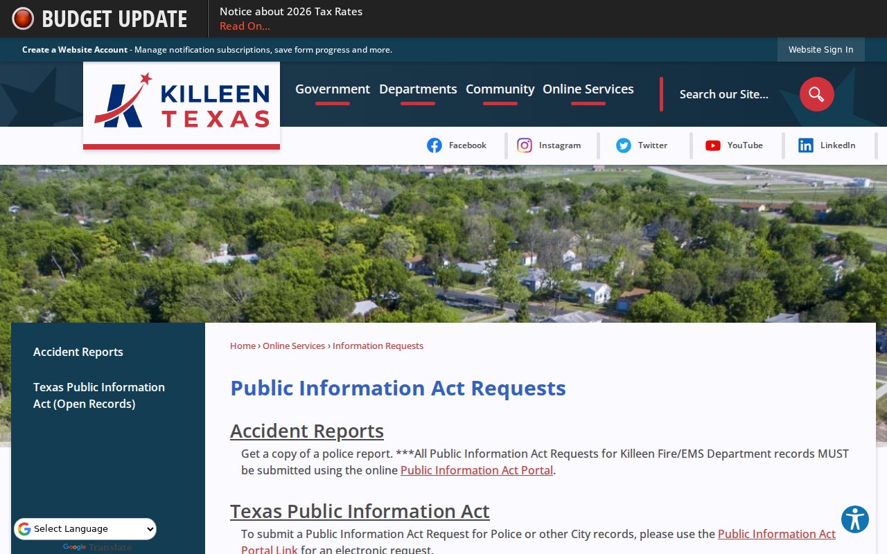 Killeen Police information request page for arrest and incident reports