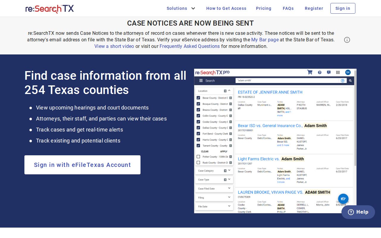 re SearchTX statewide court records search interface