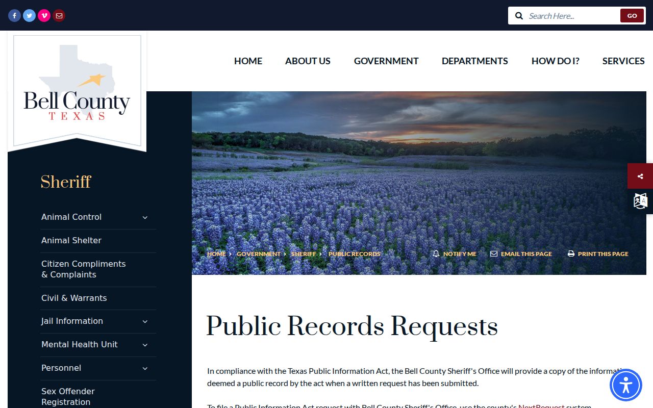 Bell County criminal history sheriff records instructions