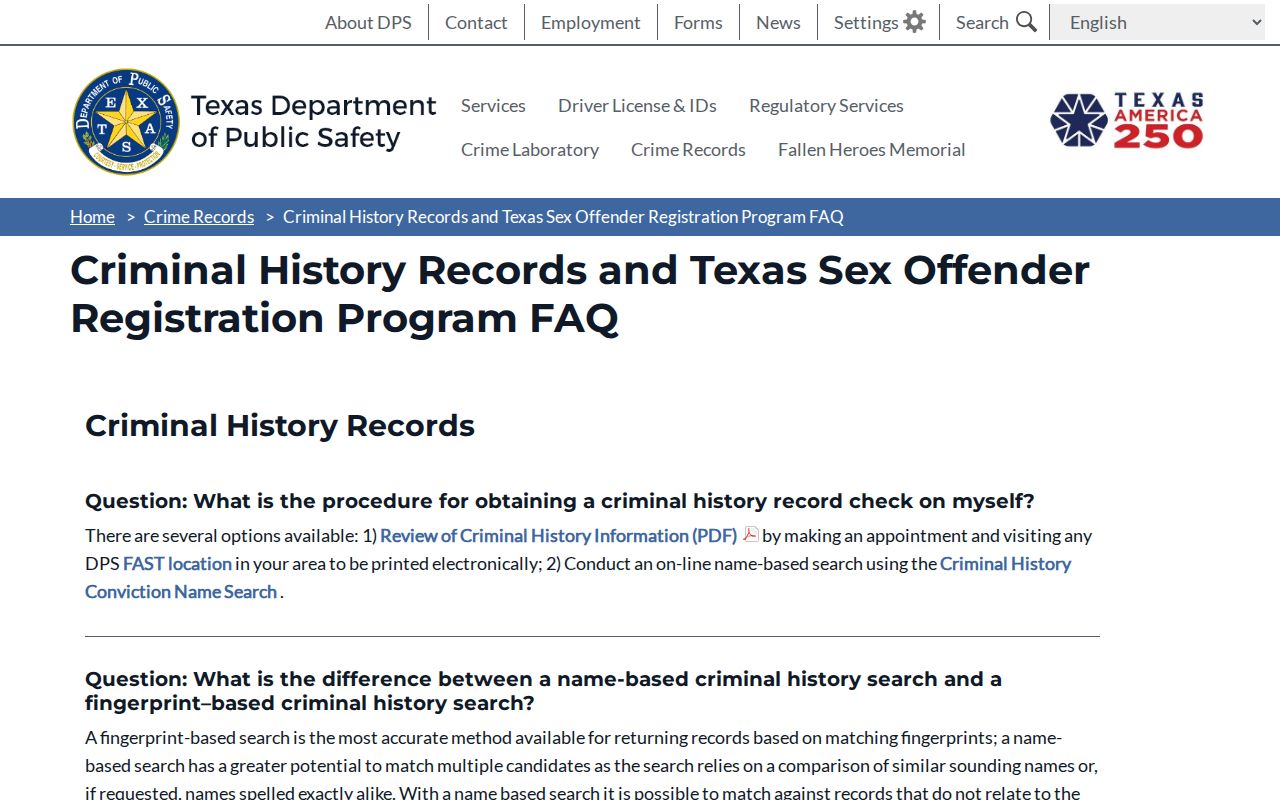 Texas DPS FAQ about Bell County sex offender registry profile fields