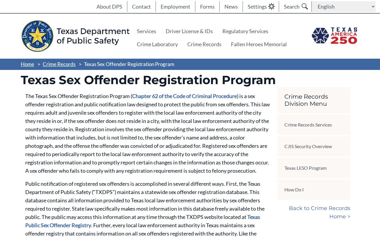 Bell County sex offender registration program information from Texas DPS