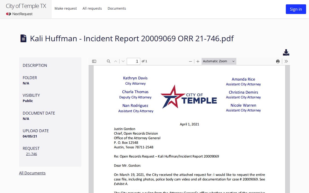 Temple criminal records published request document page