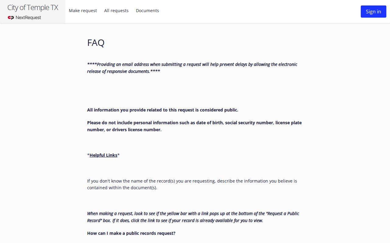 Temple criminal records request FAQ and privacy instructions